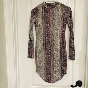 Love Cameron LA Floral Print Long Sleeve Stretch Mini Dress Brown‎ & Ivory Small